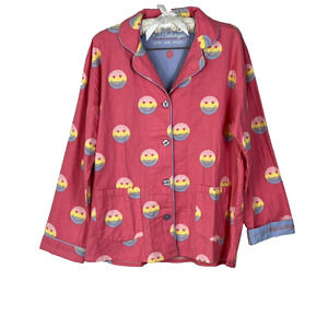 P.J. Salvage Flannel Pajama Top M Keep on Pink Smiley Long Sleeve Button Up